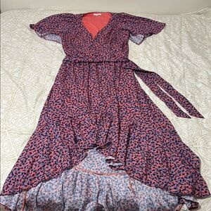 Parker Vibrant Hi Low Floral Dress in Coral, Blue and Navy size L